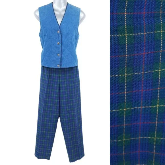 VTG 90s Koret City Blues Quilted Denim Metal Snap Vest Plaid Pants Set Size 8 - Picture 12 of 12